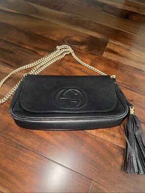 Gucci Black Leather Crossbody with Gold Chain Strap and Tassel